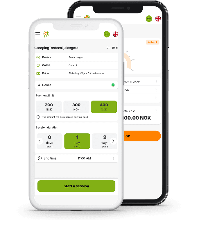 Two phones displaying two different screens from the PowerPay app.
