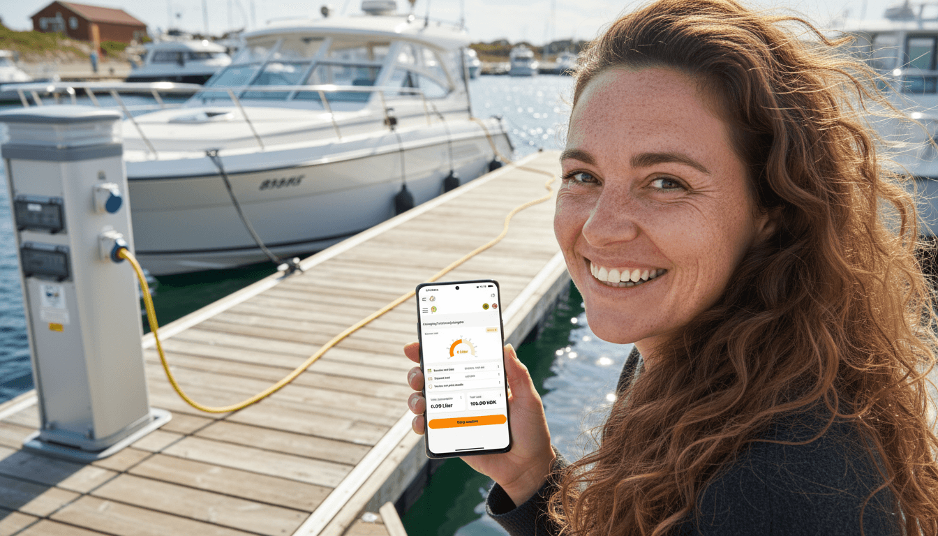 Woman using PowerPay at Marina for dockside power smiling towards viewer with phone in hand